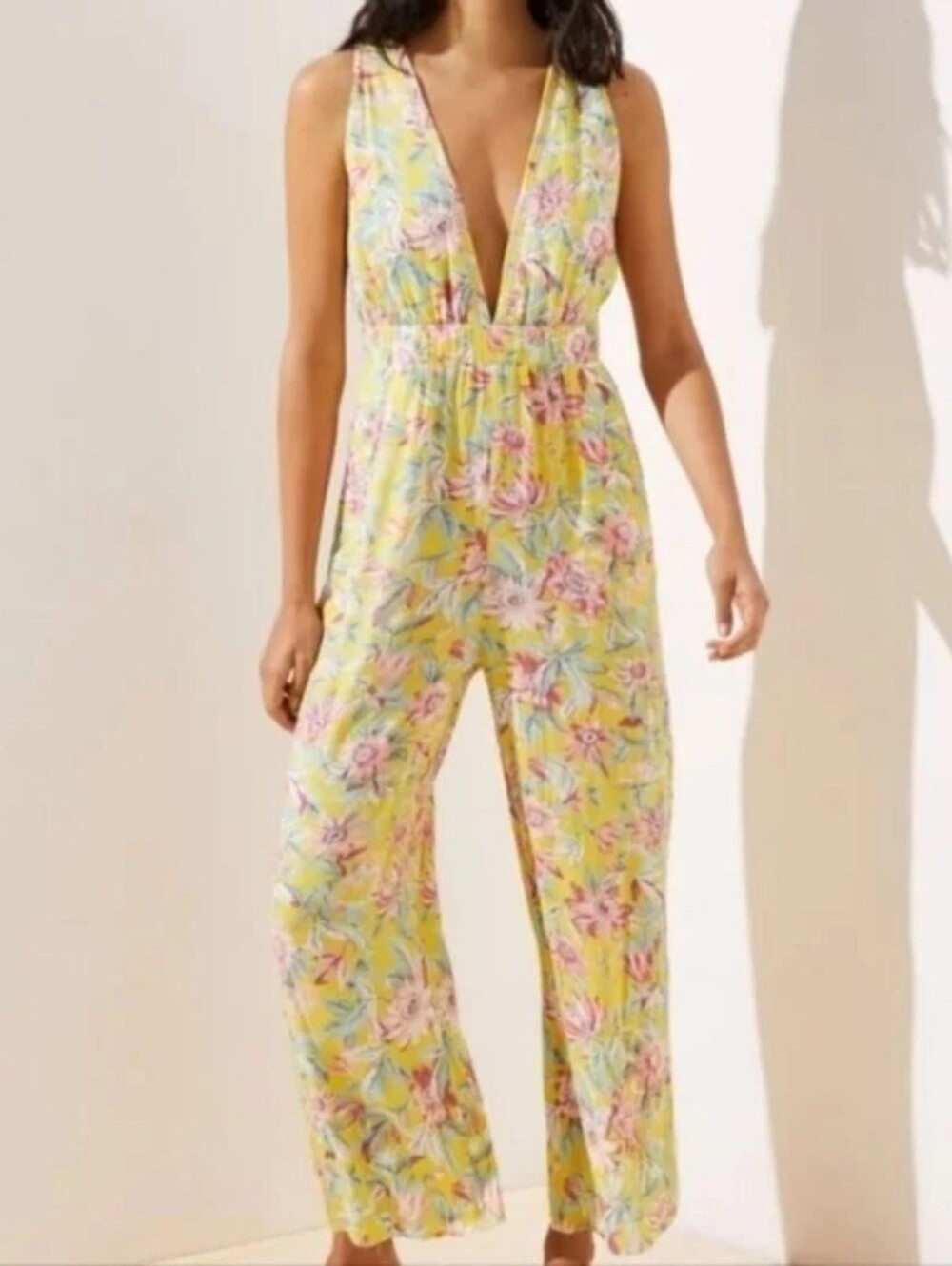 Loft S Yellow Floral V-Neck Jumpsuit